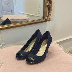 Bandolino Navy Peep Toe Wedges, Sz 5.5